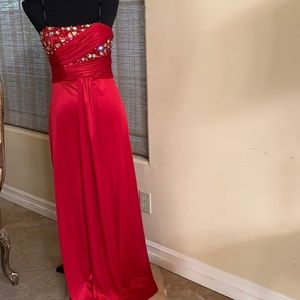 Formal red sateen like silky dress.